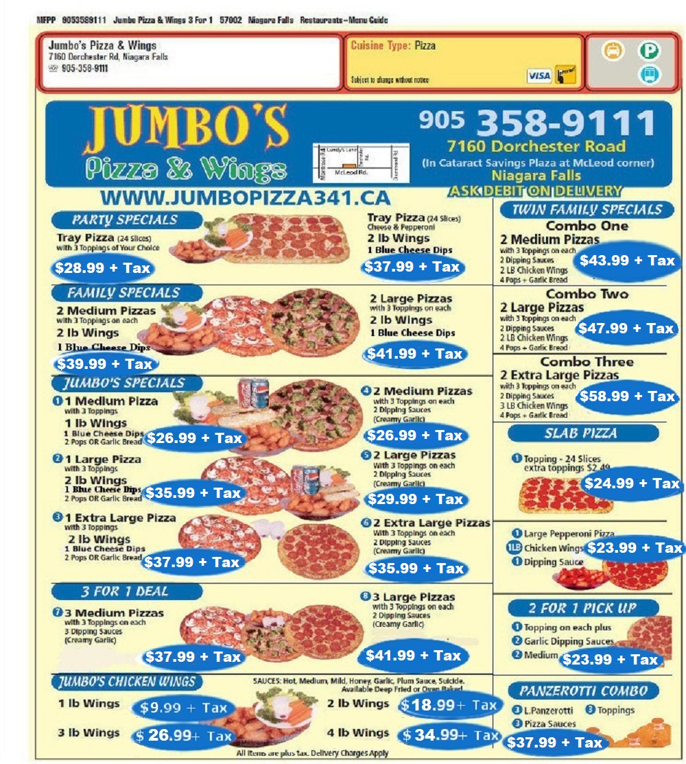 JUMBO'S PIZZA AND WINGS 3 FOR 1 MENU
           - 7160 Dorchester Rd Niagara Fall